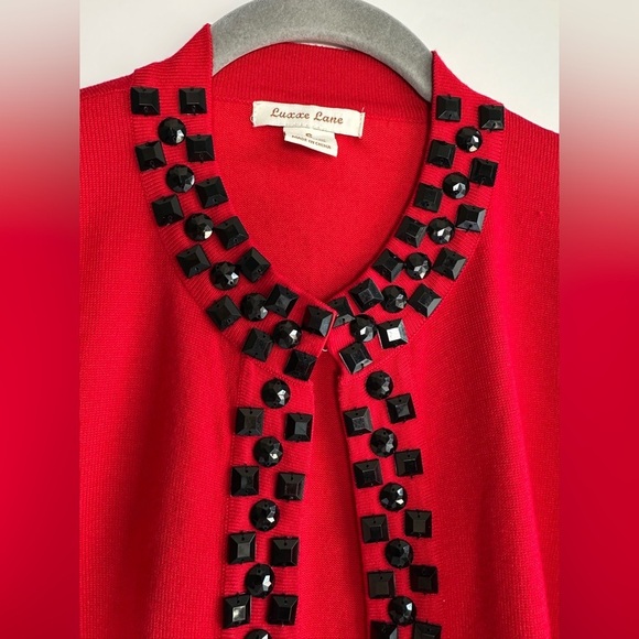 Luxxe Lane Red Cardigan Bejeweled Shrug Size Small Black Beads Crystals - Picture 4 of 7